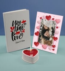 BK Gift Sevgililere Özel Beyaz Defter Dekoratif Çerçeve ve Kalp Taş Obje Kokulu Mum Hediye Seti-15, Sevgiliye Hediye, Sevgililer Günü