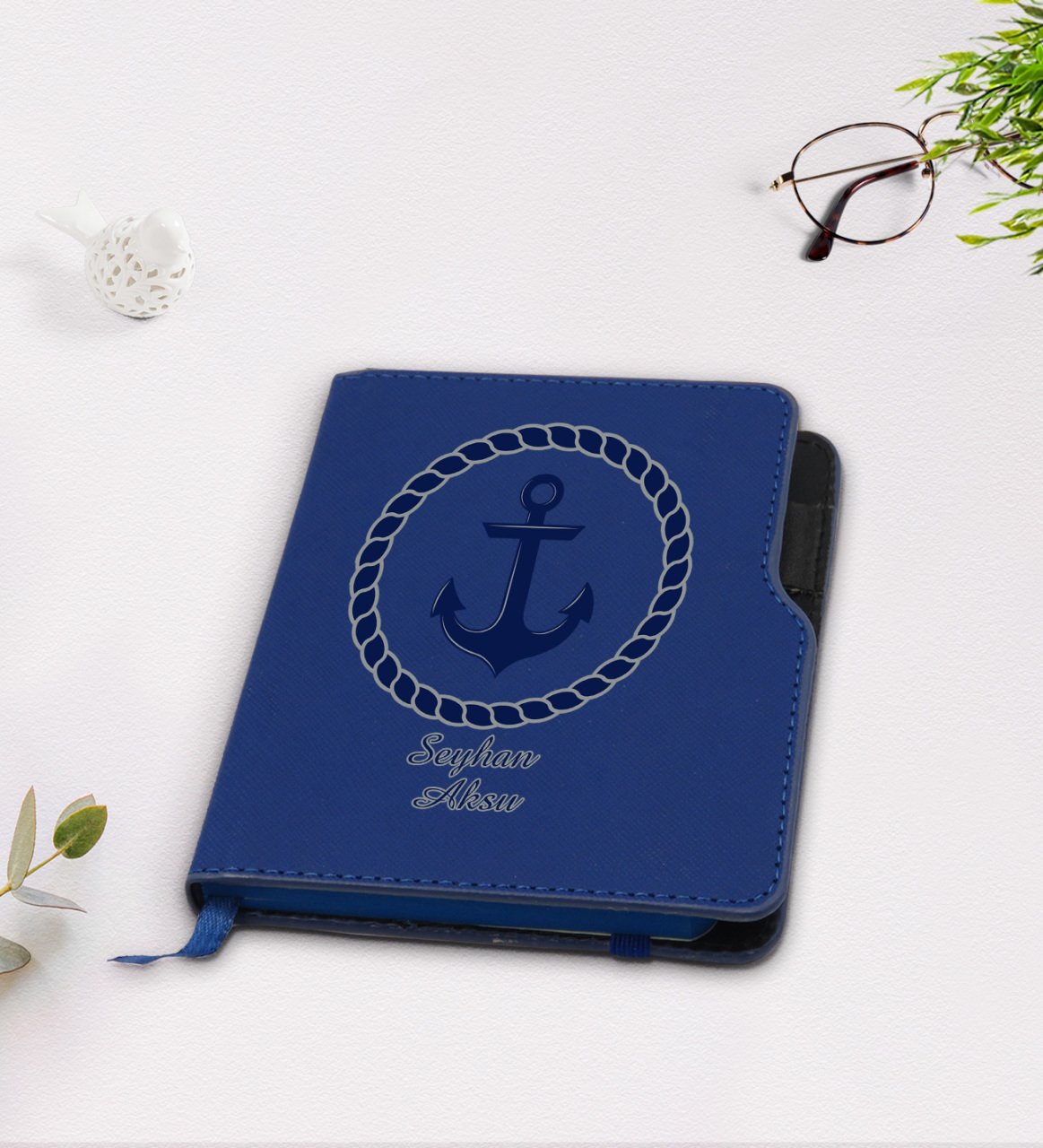 Kişiye Özel Çapa Tasarımlı Lacivert Termo Deri Defter-1