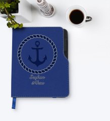 Kişiye Özel Çapa Tasarımlı Lacivert Termo Deri Defter-1