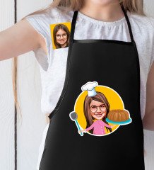 Kişiye Özel Küçük Şef Karikatürlü Kız Çocuk Siyah Mutfak Önlüğü-10