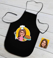 Kişiye Özel Küçük Şef Karikatürlü Kız Çocuk Siyah Mutfak Önlüğü-10