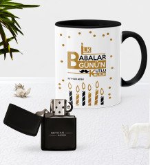 Kişiye Özel İlk Babalar Günün Kutlu Olsun Siyah Kupa Bardak Benzinli Çakmak Seti-5