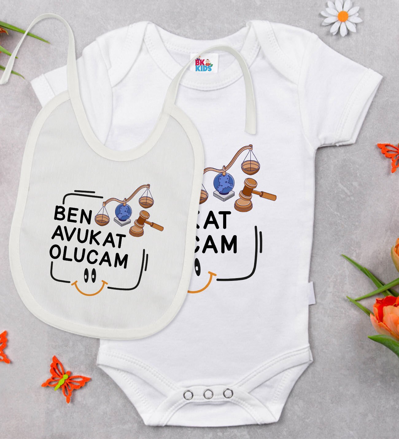 BK Kids Avukat Olucam Tasarımlı Beyaz Bebek Body Zıbın ve Mama Önlüğü Hediye Seti-1