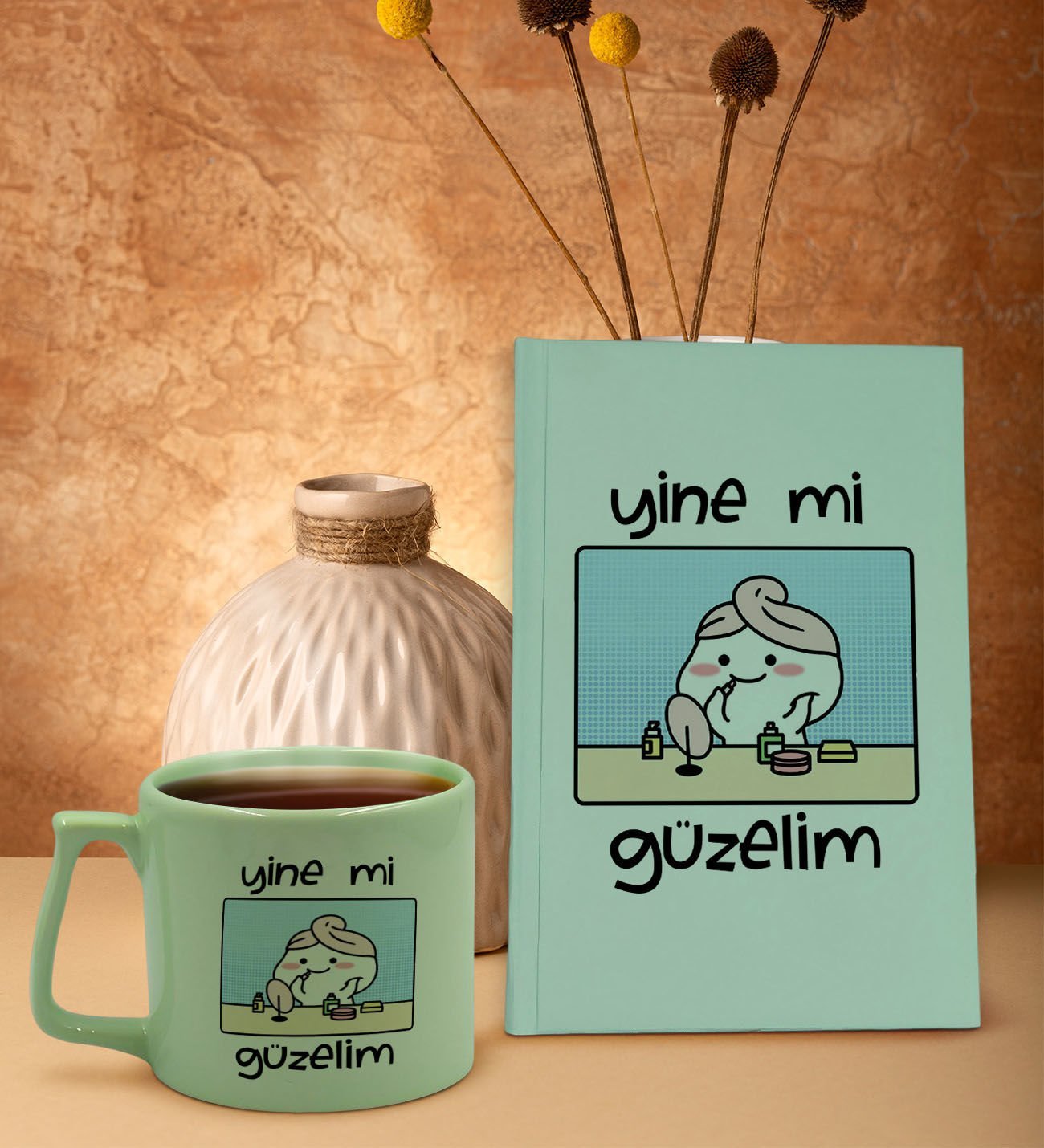 BK Gift Yeşil Sert Kapaklı Defter ve Middle Kupa Seti, Arkadaşa Hediye, Yeni İş Hediyesi, Doğum Günü Hediyesi-6