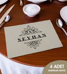 BK Gift Kişiye Özel İsimli 4’li Keten Amerikan Servis Seti-4, Ev Hediyesi,Baskılı Servis Bezi, Mutfak Dekoru