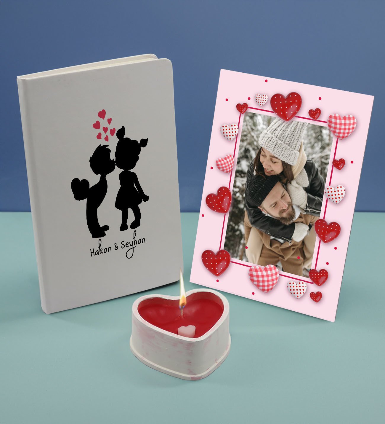 BK Gift Sevgililere Özel Beyaz Defter Dekoratif Çerçeve ve Kalp Taş Obje Kokulu Mum Hediye Seti-16, Sevgiliye Hediye, Sevgililer Günü