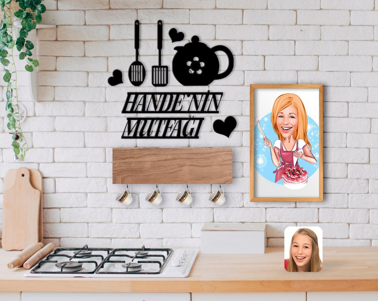 BK Home İsme Özel Mutfak Duvar Süsü Ahşap Karikatürlü Tablo ve Dekoratif Fincan Askılığı Hediye Seti-10