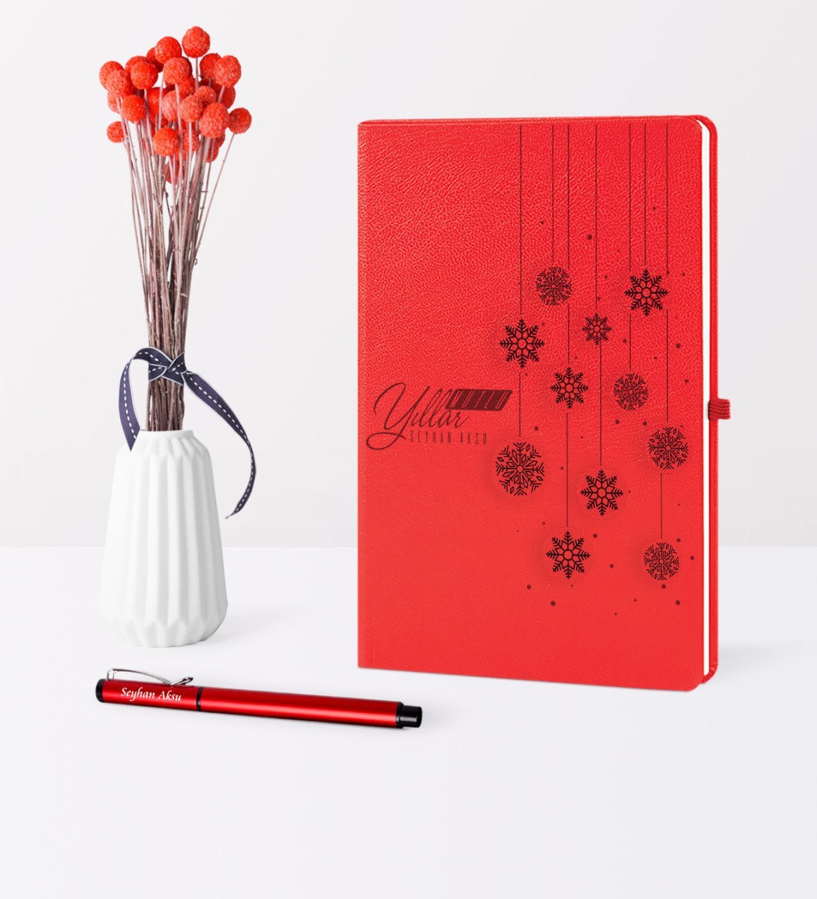 Kişiye Özel Yılbaşı Mutlu Yıllar Temalı Kırmızı Defter Kalem Seti - 10