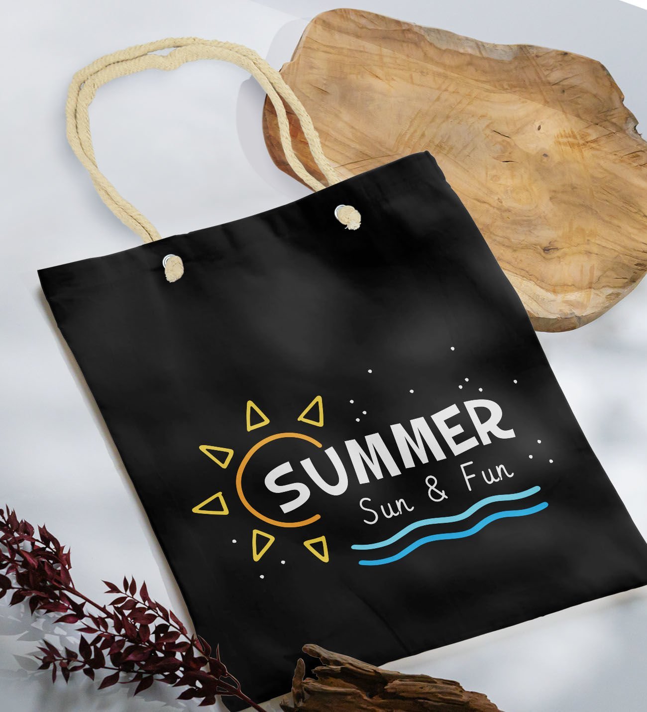 BK Gift Yaz Temalı Siyah Halat Saplı Kumaş Plaj Çantası -9, Baskılı Omuz Çantası, Alışveriş Çantası, Arkadaşa Hediye, Sevgiliye Hediye