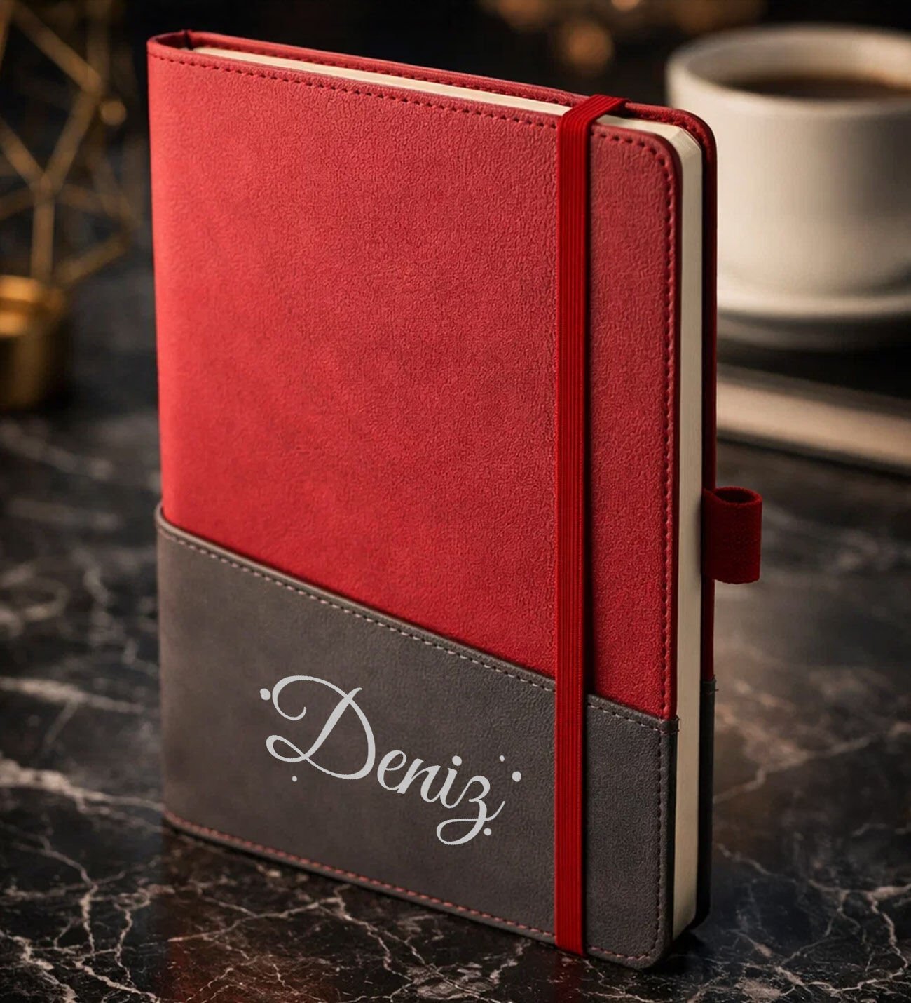 BK Gift Kişiye Özel Kırmızı Termo Deri Defter -3, Kartvizit Bölmeli, Çizgili Ivory Kağıt