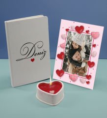 BK Gift Sevgililere Özel Beyaz Defter Dekoratif Çerçeve ve Kalp Taş Obje Kokulu Mum Hediye Seti-17, Sevgiliye Hediye, Sevgililer Günü