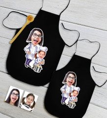 Kişiye Özel İkili Anne Kız Karikatürlü Siyah Mutfak Önlüğü Seti-1