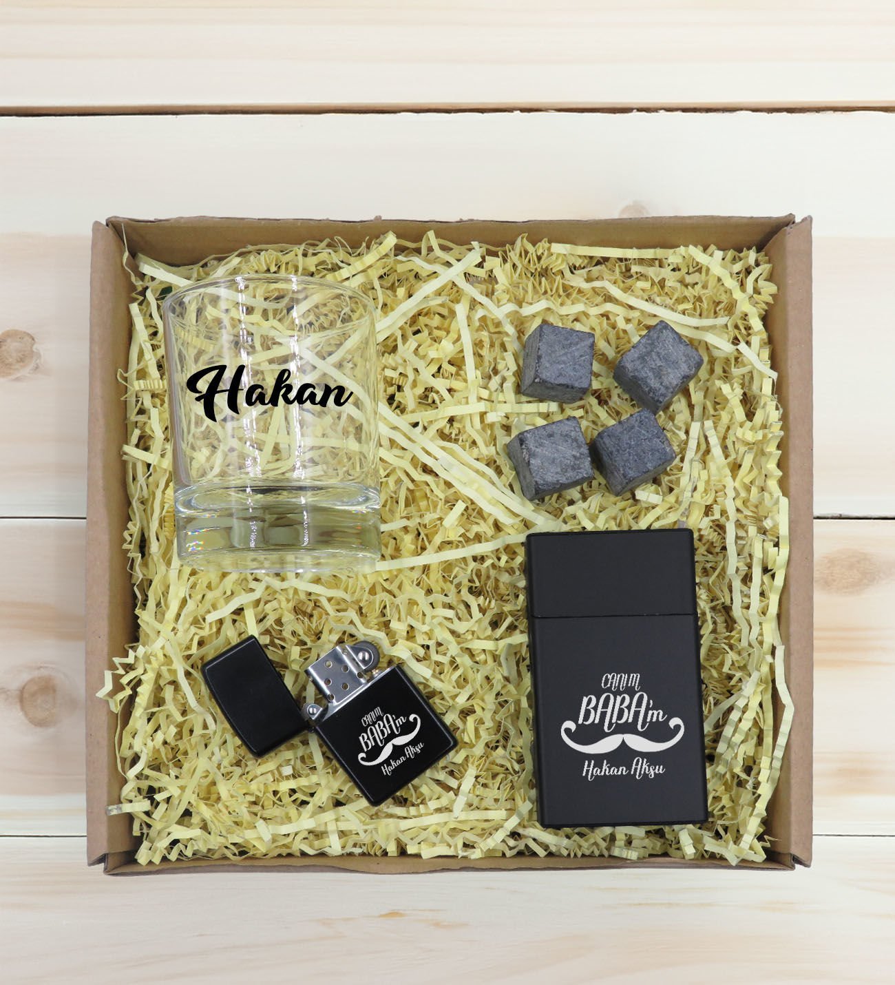 BK Gift Kişiye Özel İsimli Baba Temalı Viski Kadehi&Viski Taşı&Çakmak&Sigara Kutusu Hediye Seti-2, Babaya Hediye, Babalar Günü Hediyeleri