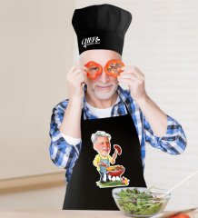 Kişiye Özel Bay Chef Karikatürlü Siyah Mutfak Önlüğü Aşçı Şapkası Seti-1