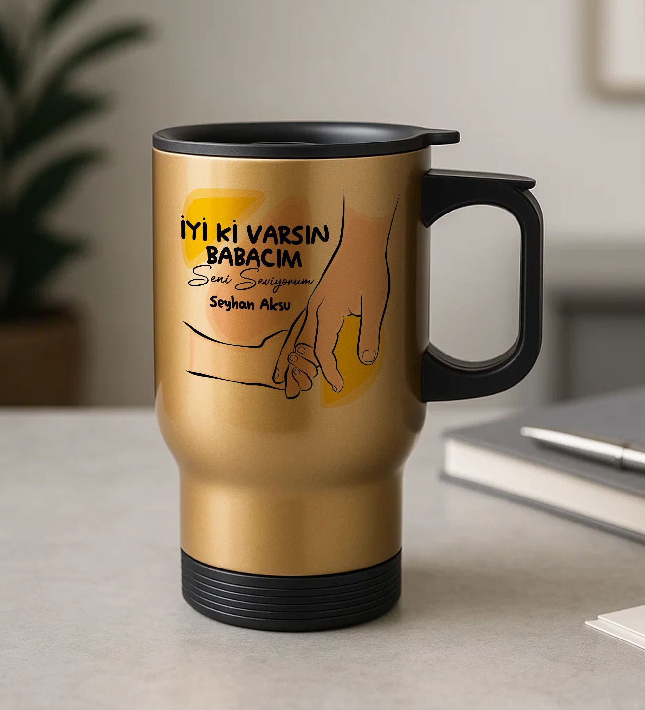 BK Gift Kişiye Özel Babalar Günü Tasarımlı Kulplu Gold Çelik Bardak Termos Mug 450ml-7, Babalar Günü Hediye, Babaya Hediye