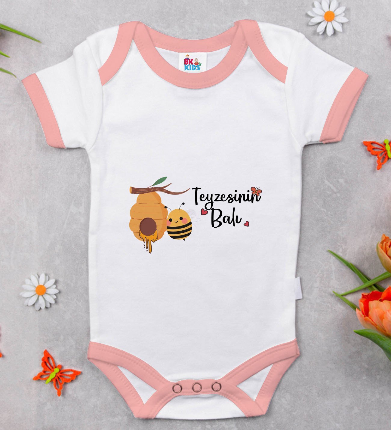 BK Kids Teyzesinin Balı Tasarımlı Pembe Bebek Body Zıbın-1