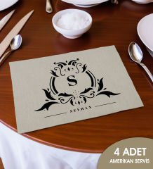BK Gift Kişiye Özel İsimli 4’li Keten Amerikan Servis Seti-6, Ev Hediyesi,Baskılı Servis Bezi, Mutfak Dekoru