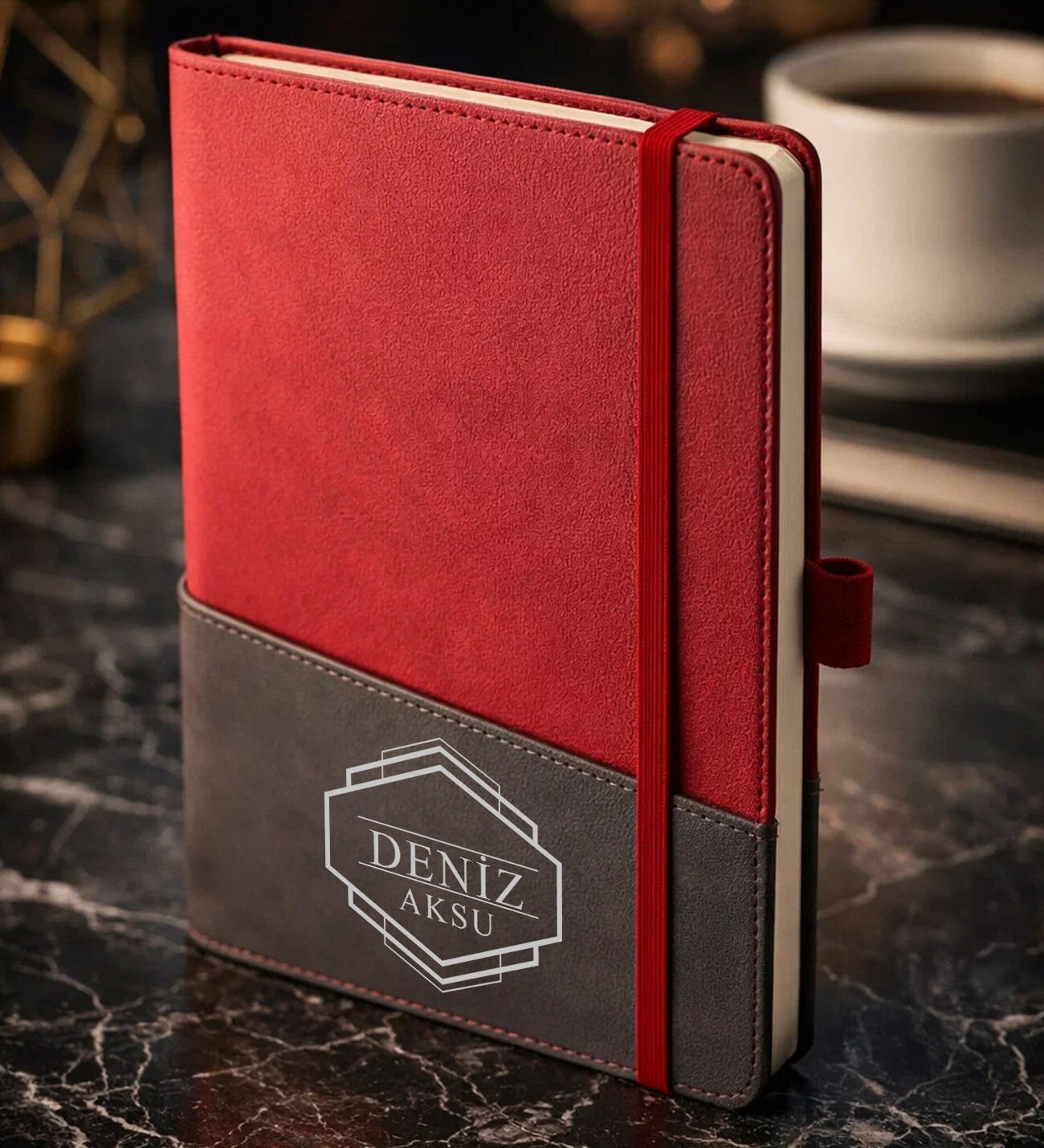 BK Gift Kişiye Özel Kırmızı Termo Deri Defter -4, Kartvizit Bölmeli, Çizgili Ivory Kağıt