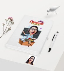 Kişiye Özel Bayan Öğretmen Temalı Karikatürlü Beyaz Defter Kalem Hediye Seti - 2