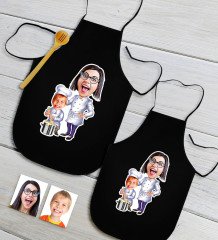 Kişiye Özel İkili Anne Oğul Karikatürlü Siyah Mutfak Önlüğü Seti-1