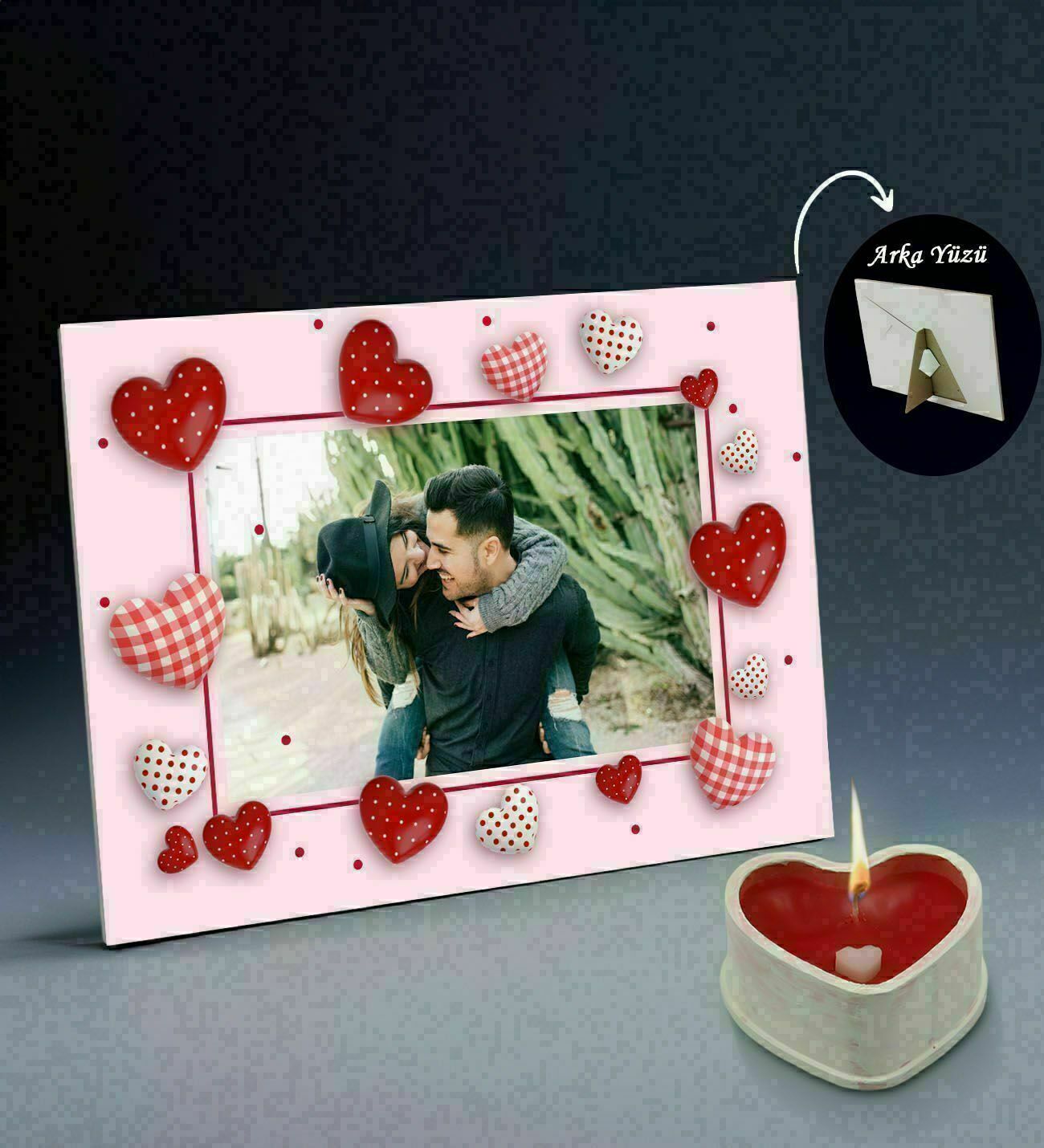 BK Gift Sevgililere Özel Fotoğraflı Dekoratif Çerçeve ve Kalp Taş Obje Kokulu Mum Hediye Seti, Sevgiliye Hediye, Sevgililer Günü