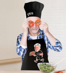 Kişiye Özel Bay Chef Karikatürlü Siyah Mutfak Önlüğü Aşçı Şapkası Seti-2