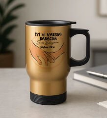 BK Gift Kişiye Özel Babalar Günü Tasarımlı Kulplu Gold Çelik Bardak Termos Mug 450ml-8, Babalar Günü Hediye, Babaya Hediye