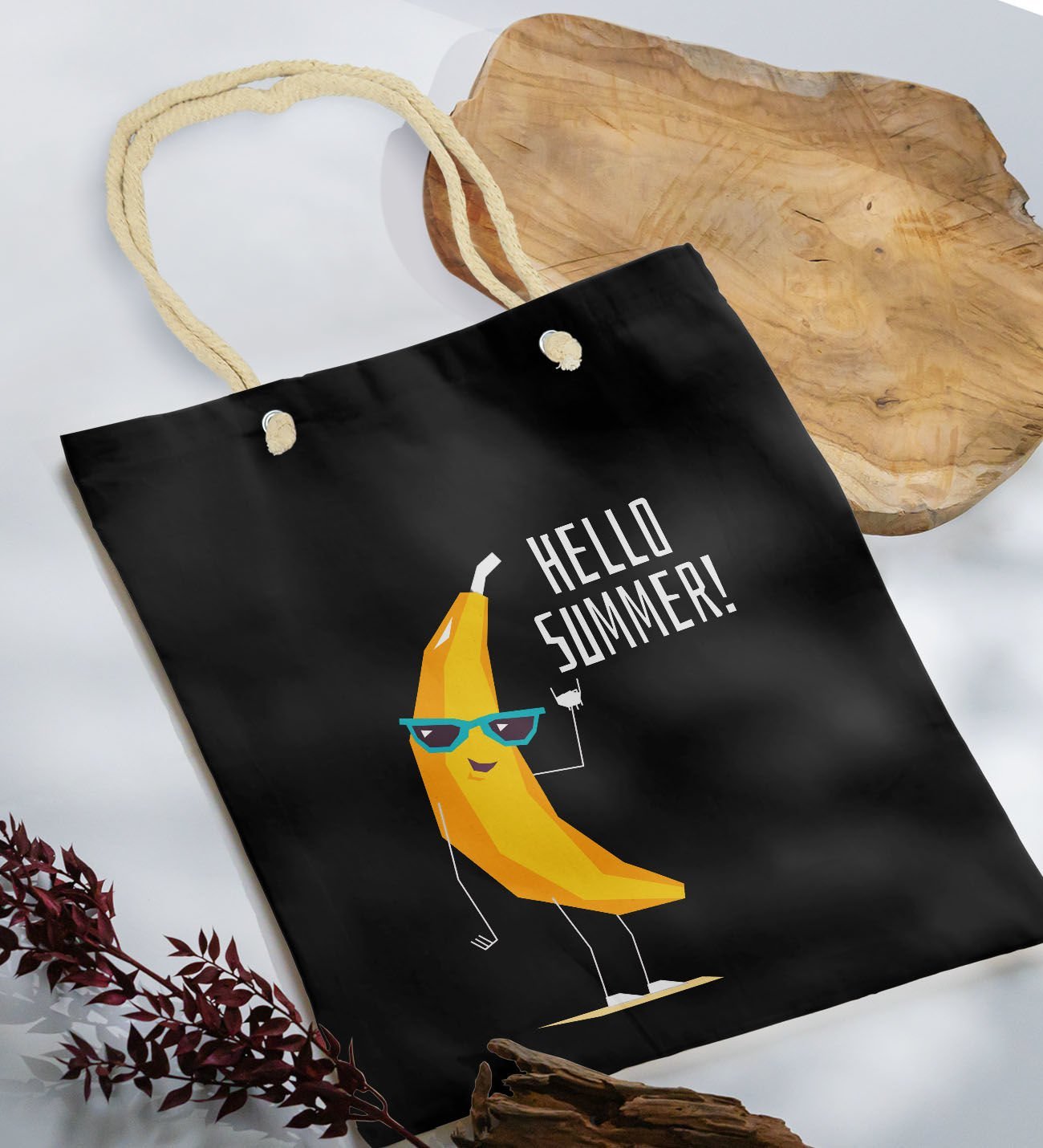 BK Gift Yaz Temalı Siyah Halat Saplı Kumaş Plaj Çantası -11, Baskılı Omuz Çantası, Alışveriş Çantası, Arkadaşa Hediye, Sevgiliye Hediye