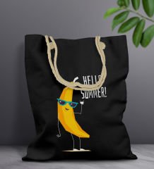 BK Gift Yaz Temalı Siyah Halat Saplı Kumaş Plaj Çantası -11, Baskılı Omuz Çantası, Alışveriş Çantası, Arkadaşa Hediye, Sevgiliye Hediye