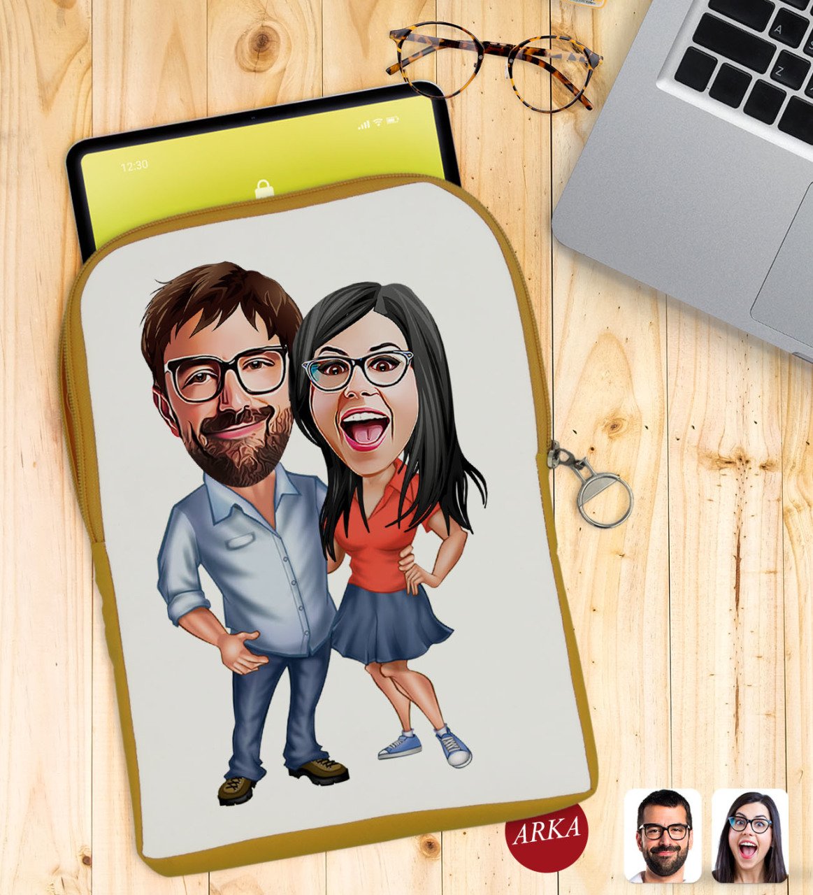 Kişiye Özel Sevgililer Karikatürlü Taşınabilir Koruyucu Tablet Kılıfı & Organizer Çanta - Sarı-105