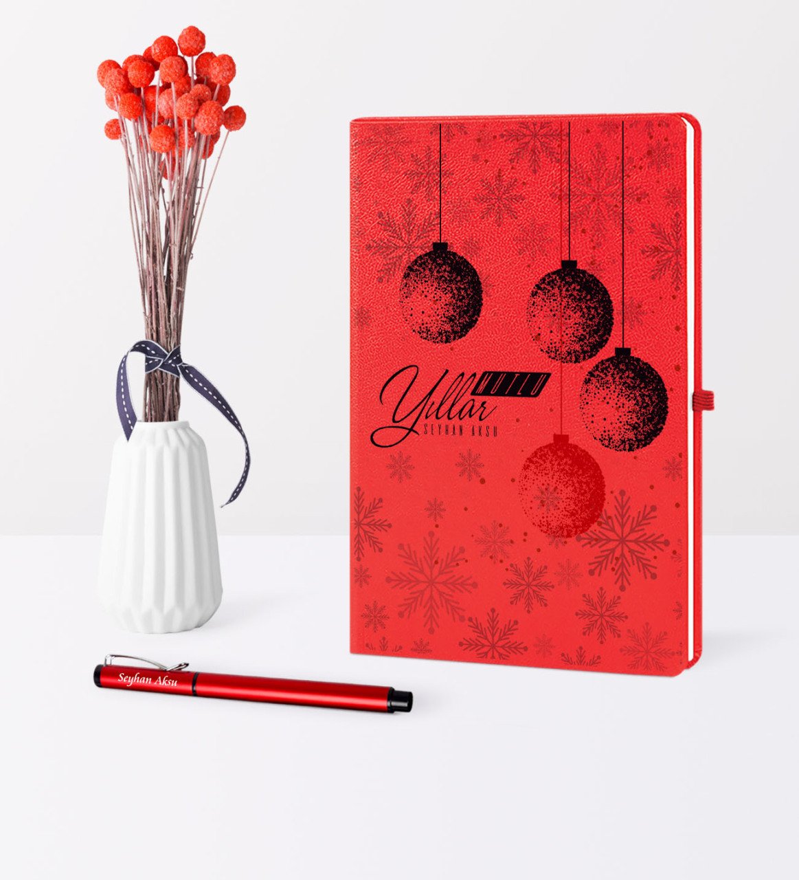Kişiye Özel Yılbaşı Mutlu Yıllar Temalı Kırmızı Defter Kalem Seti - 13