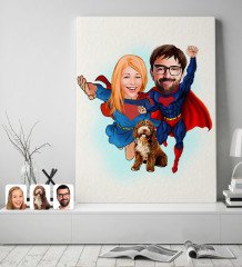Kişiye Özel Evcil Dost ve Süper Sevgililer Karikatürlü Kanvas Tablo 50x70cm-1