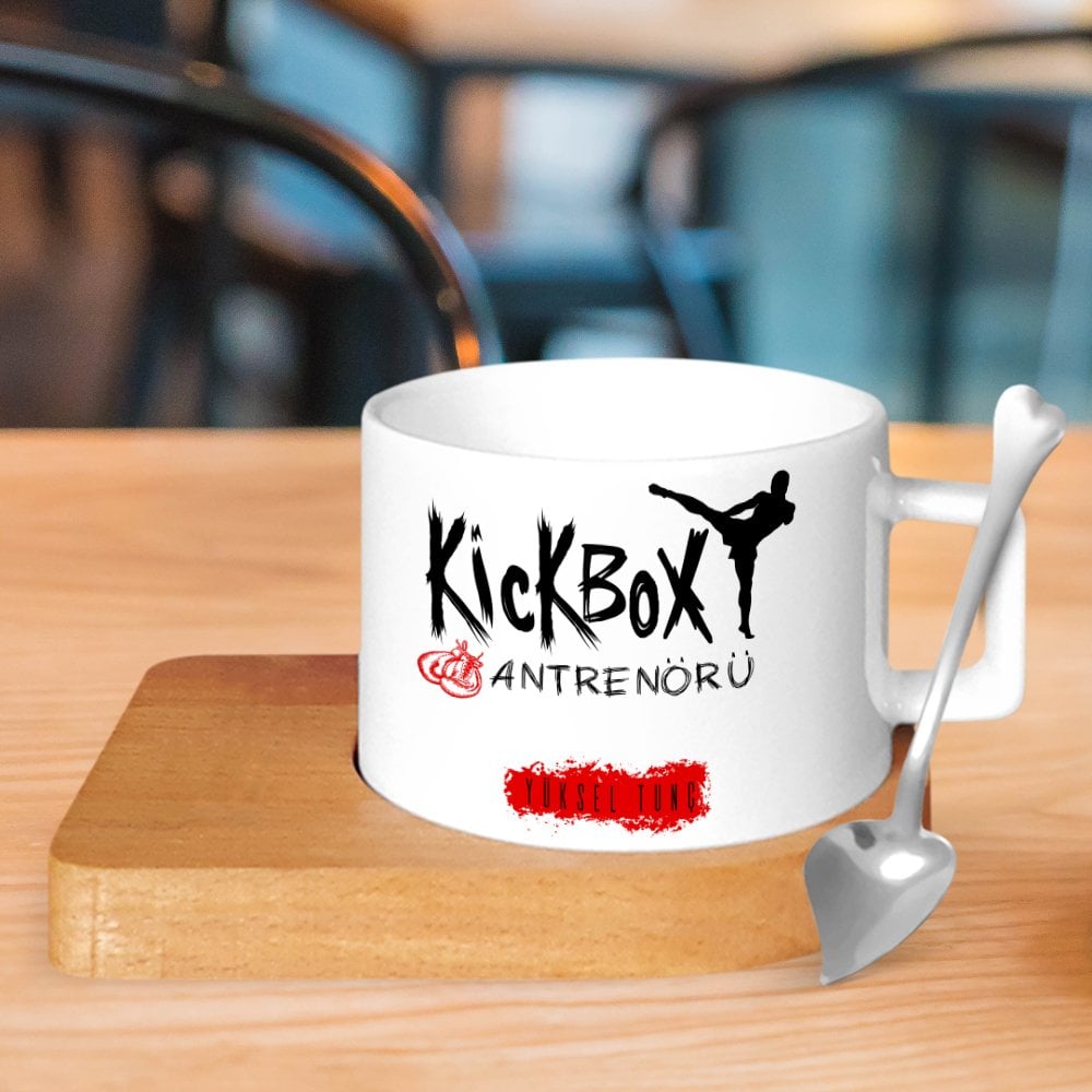 Kişiye Özel Mesleki Kick Box Antrenörü Ahşap Altlıklı Seramik Fincan - 1