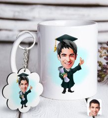 Kişiye Özel Erkek Mezun Karikatürlü Beyaz Kupa ve Anahtarlık Hediye Seti-1