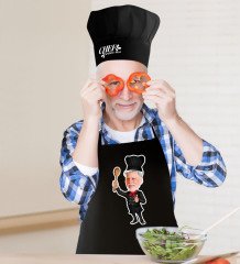 Kişiye Özel Bay Chef Karikatürlü Siyah Mutfak Önlüğü Aşçı Şapkası Seti-3
