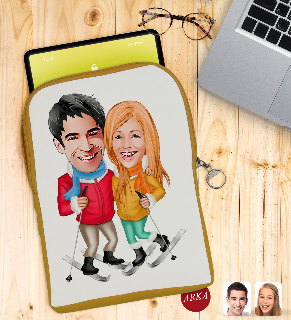 Kişiye Özel Sevgililer Karikatürlü Taşınabilir Koruyucu Tablet Kılıfı & Organizer Çanta - Sarı-107