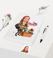 Kişiye Özel Bayan Öğretmen Temalı Karikatürlü Beyaz Defter Kalem Hediye Seti - 4