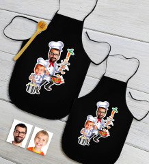 Kişiye Özel İkili Baba Oğul Karikatürlü Siyah Mutfak Önlüğü Seti-1