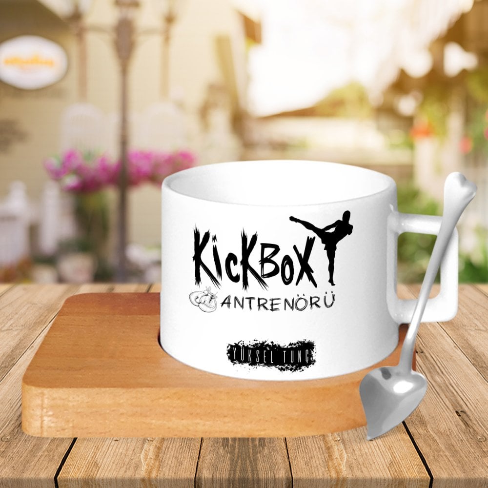 Kişiye Özel Mesleki Kick Box Antrenörü Ahşap Altlıklı Seramik Fincan - 2