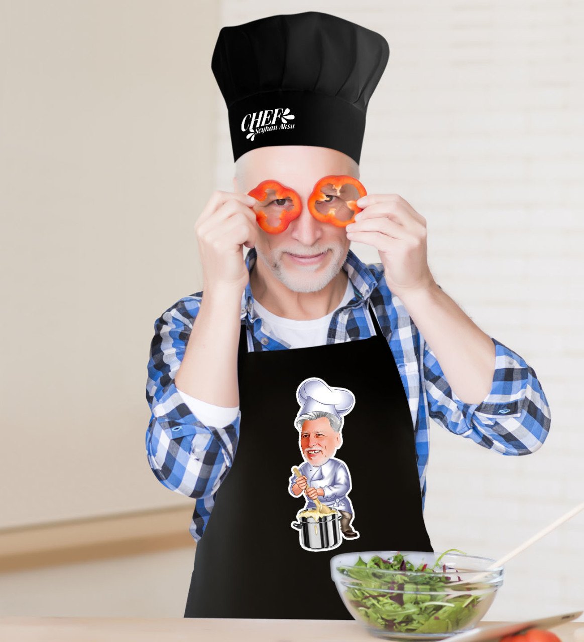 Kişiye Özel Bay Chef Karikatürlü Siyah Mutfak Önlüğü Aşçı Şapkası Seti-4