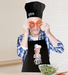 Kişiye Özel Bay Chef Karikatürlü Siyah Mutfak Önlüğü Aşçı Şapkası Seti-4