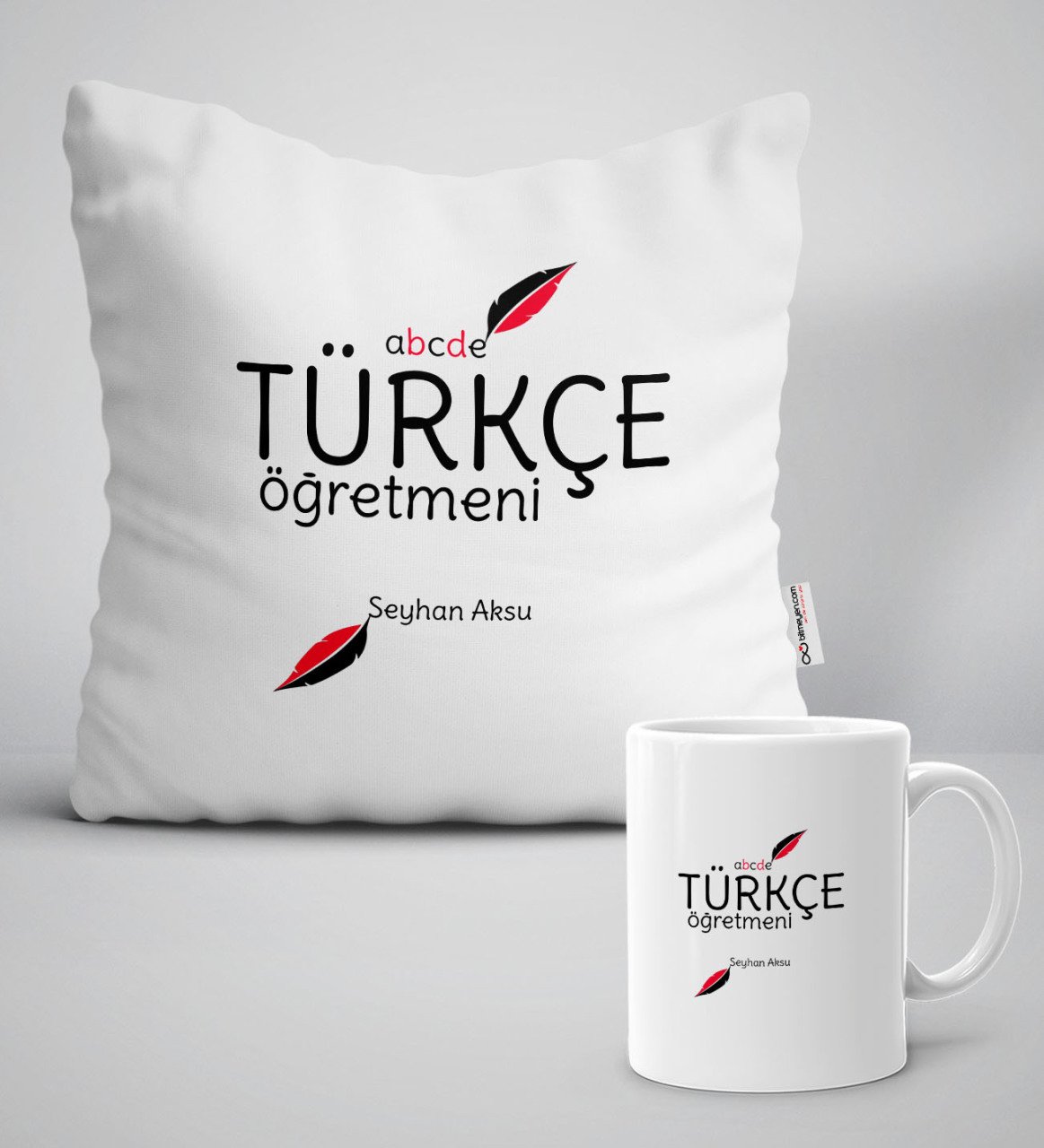 Kişiye Özel Türkçe Öğretmeni Beyaz Yastık Kupa Seti-2