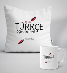 Kişiye Özel Türkçe Öğretmeni Beyaz Yastık Kupa Seti-2