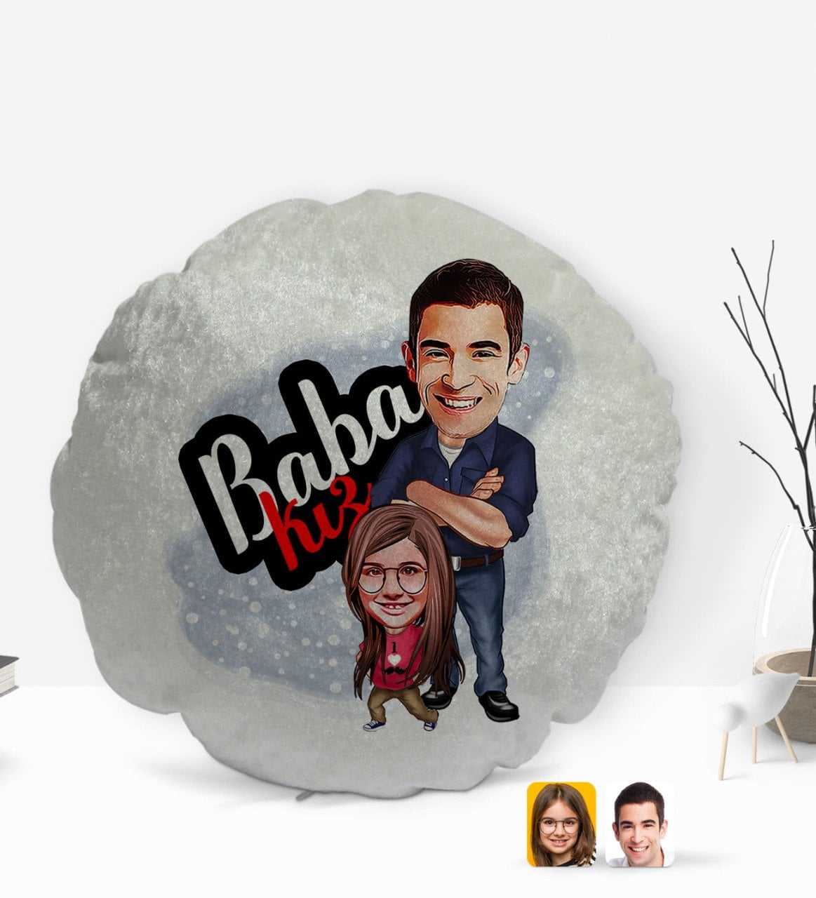Kişiye Özel Baba Kız Karikatürlü Yuvarlak Dekoratif Kırlent Yastık-3
