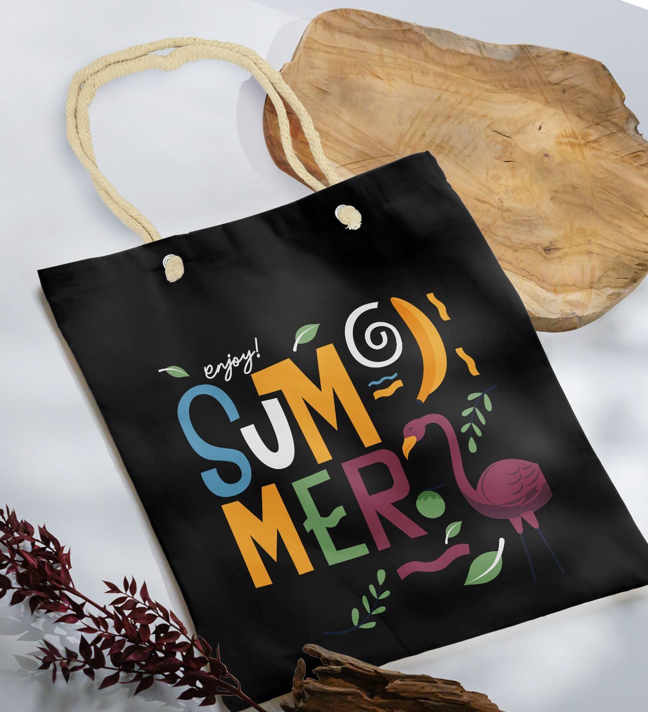 BK Gift Yaz Temalı Siyah Halat Saplı Kumaş Plaj Çantası -13, Baskılı Omuz Çantası, Alışveriş Çantası, Arkadaşa Hediye, Sevgiliye Hediye