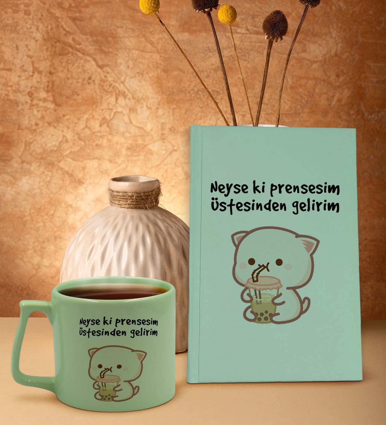 BK Gift Yeşil Sert Kapaklı Defter ve Middle Kupa Seti, Arkadaşa Hediye, Yeni İş Hediyesi, Doğum Günü Hediyesi-11