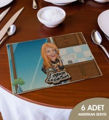 BK Gift Kişiye Özel Karikatürlü 6’li Keten Amerikan Servis Seti-1, Ev Hediyesi,Baskılı Servis Bezi, Mutfak Dekoru