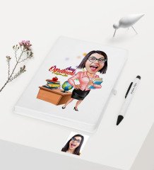 Kişiye Özel Bayan Öğretmen Temalı Karikatürlü Beyaz Defter Kalem Hediye Seti - 5