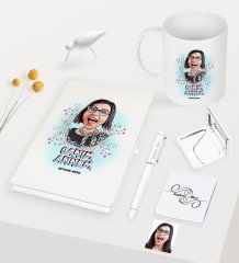 Kişiye Özel Canım Annem Karikatürlü Beyaz Defter Kalem Kupa Ayna Seti
