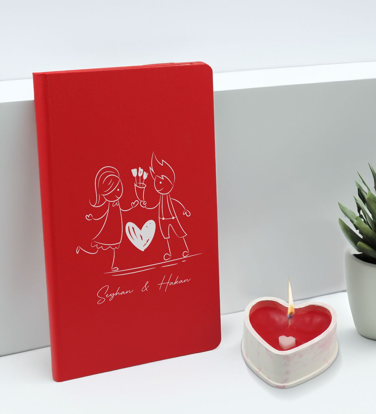 BK Gift Sevgililere Özel İsimli Kırmızı Defter ve Kalp Taş Obje Kokulu Mum Hediye Seti-3, Sevgiliye Hediye, Sevgililer Günü